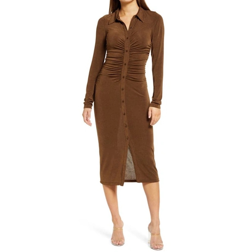 NWT - Good American - Shimmer Polo Long Sleeve Dress - Mocha